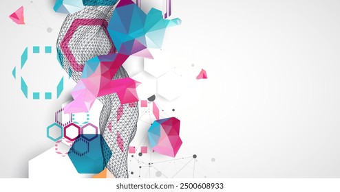 Abstract wireframe wave with colorful hexagons and plexus effect. Scientific and technological background. Vector.