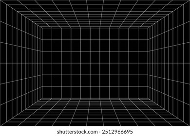 Estructura de alambre Abstractas con línea de rejilla blanca sobre fondo negro. Caja de cuadrícula de perspectiva futurista.