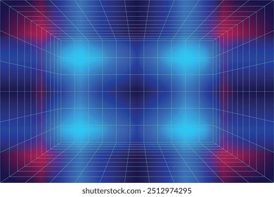 Abstract wireframe with white grid line on dark blue background. Futuristic perspective grid box.