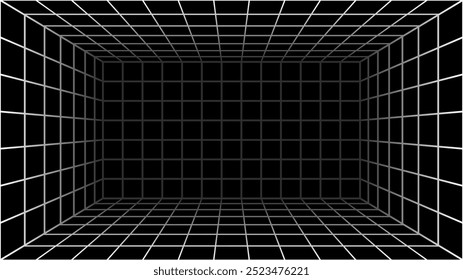 Abstract wireframe with white grid line on black background.Futuristic perspective grid box.