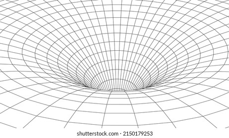 Abstract wireframe white tunnel. Vector wormhole. 3D portal. Futuristic fantasy funnel.