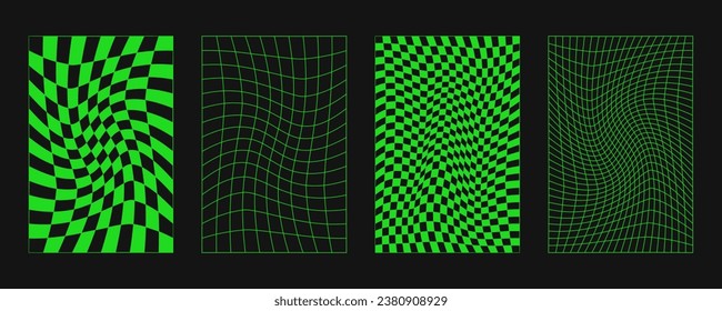 Marcos abstractos, elementos ciberpunk y cuadrículas y esferas verdes. Conjunto surrealista geométrico retro futurista. Formas psicodélicas y 2000. Elementos vectores rupestres y signos en la psiquédelica moderna.