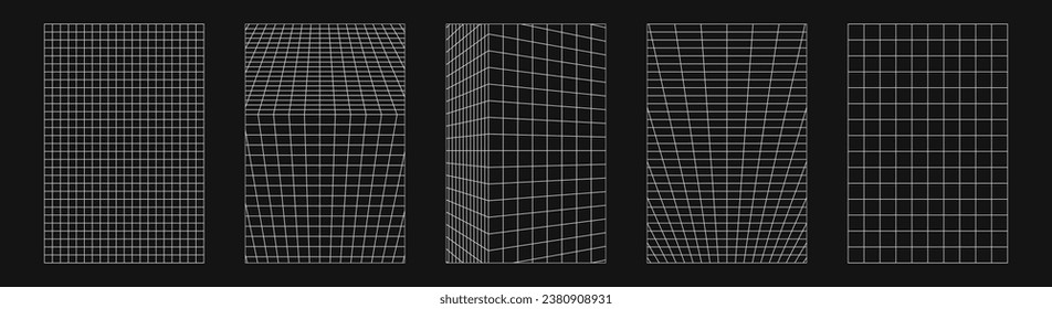 Abstract wireframes, cyberpunk elements and perspective white grids or spheres. Surreal geometric retro futuristic set. Psychedelic y2k shapes. Rave vector elements and signs in trendy psychedelic.