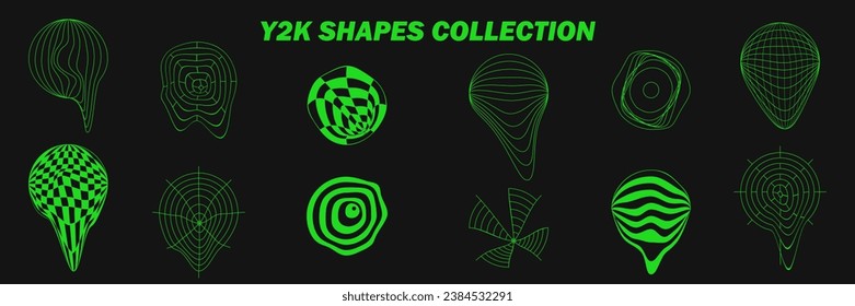 Abstract wireframes, cyberpunk elements and perspective green grids on a spheres. Psychedelic y2k shapes. Rave vector elements or trendy psychedelic signs. Surreal geometric retro futuristic set.