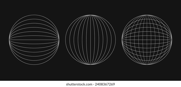 Abstract wireframes, cyberpunk elements and perspective white grids on a spheres. Psychedelic y2k shapes. Rave vector elements or trendy psychedelic signs. Surreal geometric retro futuristic set.