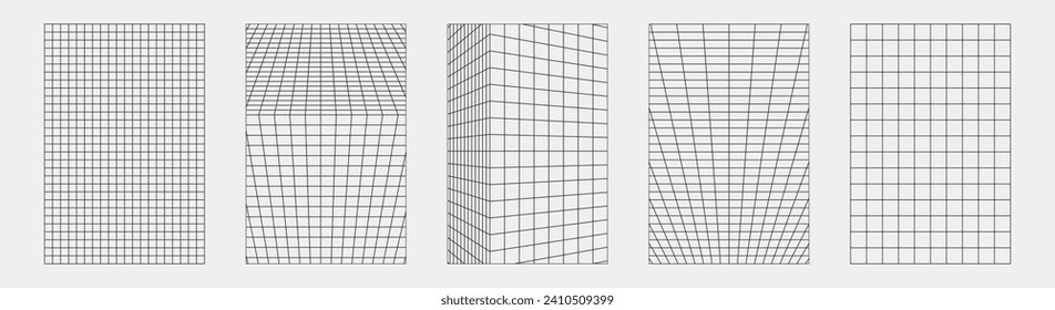 Abstract wireframes, cyberpunk elements and perspective black grids and spheres. Surreal geometric retro futuristic set. Psychedelic y2k shapes. Rave vector elements and signs in trendy psychedelic.