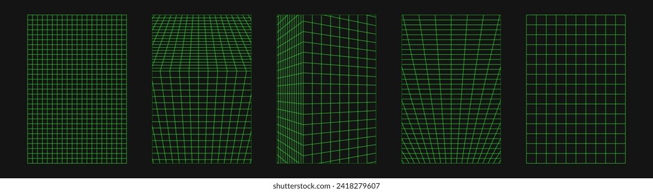 Abstract wireframes, cyberpunk elements and perspective green grids and spheres. Surreal geometric retro futuristic set. Psychedelic y2k shapes. Rave vector elements and signs in trendy psychedelic.