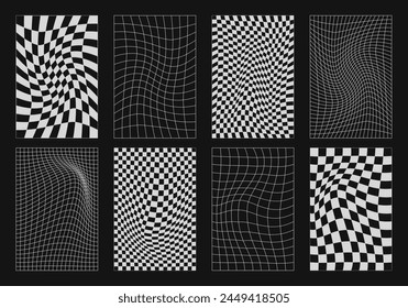 Abstract wireframes, cyberpunk elements and perspective white grids or spheres. Surreal geometric retro futuristic set. Psychedelic y2k shapes. Rave vector elements and signs in trendy psychedelic.