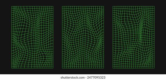 Abstract wireframes, cyberpunk elements and perspective green grids and spheres. Surreal geometric retro futuristic set. Psychedelic y2k shapes. Rave vector elements and signs in trendy psychedelic.