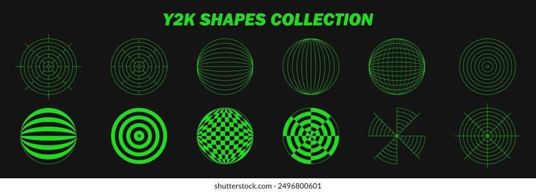 Abstract wireframes, cyberpunk elements and perspective green grids on a spheres. Psychedelic y2k shapes. Rave vector elements or trendy psychedelic signs. Surreal geometric retro futuristic set.