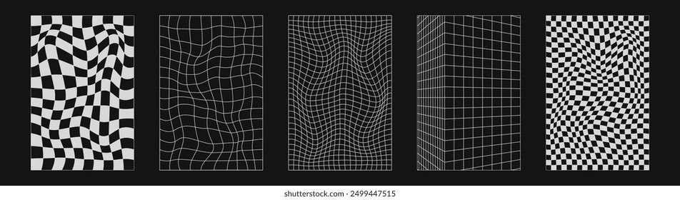 Abstract wireframes, cyberpunk elements and perspective white grids or spheres. Surreal geometric retro futuristic set. Psychedelic y2k shapes. Rave vector elements and signs in trendy psychedelic.