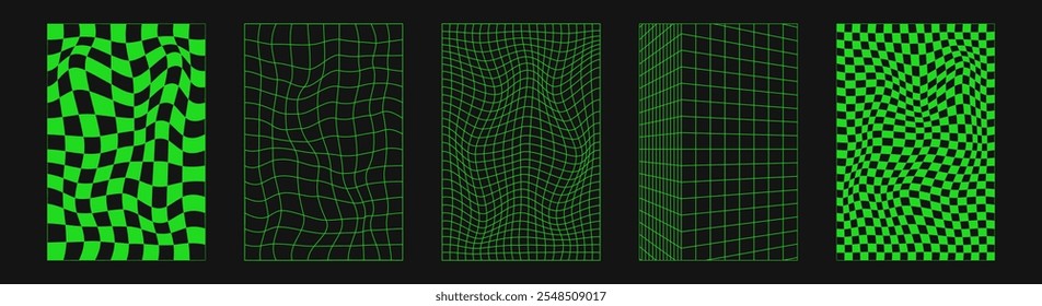 Wireframes Abstractas, Elementos cyberpunk y cuadrículas y esferas verdes en perspectiva. Conjunto futurista retro geométrico surrealista. Formas psicodélicas y2k. Rave Elementos de Vector y Iniciar sesión psicodélicos de moda.