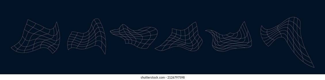 Abstract wireframes. A set of distorted meshes. Designer retro grid shapes are wavy in perspective. Vector illustration of cyber futuristic elements isolated.