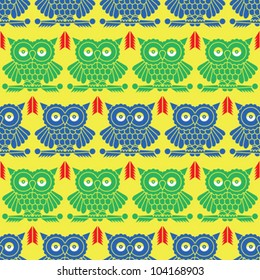 Abstract  wise quiet owls in screaming active colors. Seamless pattern. Vector.