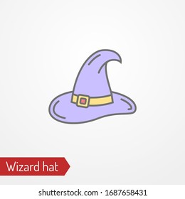 Abstract wizard hat with buckle. Isolated icon in flat style. Typical fantasy character headdress. Sorceress magician warlock witch vector stock image.