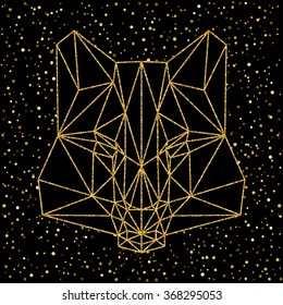 Abstract wolf. Golden sparkle glitter texture. Portrait drawn in one continuous line for use in design for card, invitation, poster, banner, placard, billboard cover