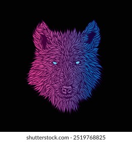 Abstract wolf head. Original vector illustration in vintage style isolated on black background. T-shirt design. Hand drawn, not by AI!