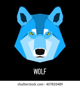 Abstract wolf head painted in imaginary colors isolated on black. Graphic blue cartoon wolf portrait for design card, invitation, banner, book, scrapbook, t-shirt, poster, album etc.