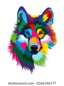 Abstract wolf head portrait, wolf grin, furious wolf from multicolored paints. Colored drawing. Vector illustration of paints