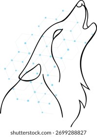 Abstrato Wolf uivando com fundo de conexão de rede que ilustra a conectividade digital e sistemas interconectados que representam o fluxo de informações e o design tecnológico moderno no branco
