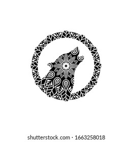 Abstract wolf ornament zen vector logo design featuring intricate line art and mandala-inspired patterns. Perfect for wellness brands, spiritual products, tattoo studios, and mindful lifestyle busines