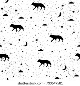 Abstract wolf seamless patten background. Monochrome black and white patten for design greeting card, modern party invitation, halloween holiday menu, bag print, t shirt design etc.