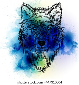 Abstract Wolf. Watercolor Brush Strokes.