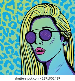 Abstract woman in 80s style with an animal print background.