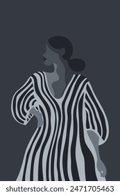 Abstract Woman Art Decor Poster. Minimalist Portrait Illustration Background. Contemporary Striped Printable Art