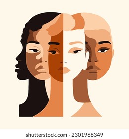 abstract woman art in different skin, hair colors, multiracial, no racism, diversity