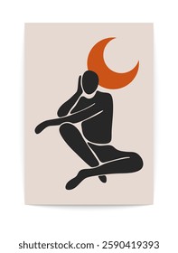 Abstract woman art. Minimalist women poster with female figure boho style, modern aesthetic woman portrait and silhouette contemporary scandinavian wall decor. Vector illustration.