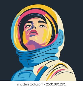 Abstract woman astronaut in spacesuit. Space day of cosmonauts. Vector avatar, illustration, postcard