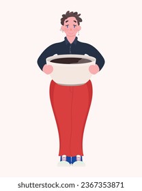 Abstract woman with a big cup of coffee. Bright people.