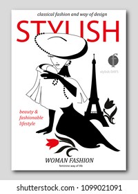 Abstract woman with big hat with flower in Paris. Fashion magazine cover design. Vector illustration