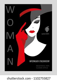 Abstract woman with big hat and red gloves. Fashion magazine cover design. Vector illustration