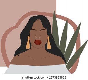 Abstract Woman, black skin. Print Minimalist Girl Printable Wall Art Woman with Earring and leaves. Print Boho Woman Decor Art Prints Modern Wall Art Illustration vector Poster Postcard