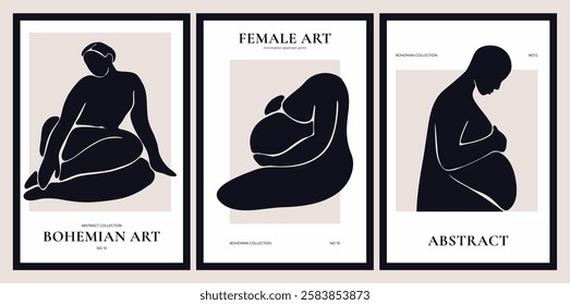 Abstract woman body posters. Woman figure contemporary art paintings, pregnant women portraits, modern boho backgrounds with female silhouettes, minimal organic shapes. Vector set