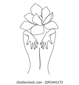 Abstract Woman Body Printable, Woman hugging herself with crossed hands, Woman One Line vector Drawing.Portrait minimalistic style. Botanical print. Nature symbol of cosmetics.