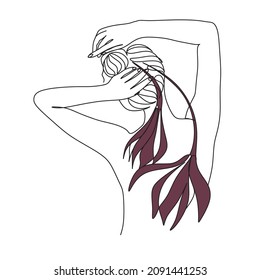 Abstract Woman Body Printable, Woman hugging herself with crossed hands, Woman One Line vector Drawing.Portrait minimalistic style. Botanical print. Nature symbol of cosmetics.