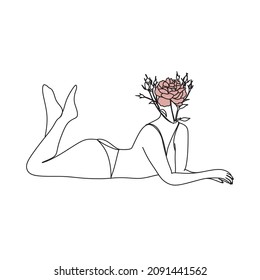 Abstract Woman Body Printable, Woman hugging herself with crossed hands, Woman One Line vector Drawing.Portrait minimalistic style. Botanical print. Nature symbol of cosmetics.