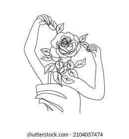 Abstract Woman Body Printable, Woman hugging herself with crossed hands, Woman One Line vector Drawing.Portrait minimalistic style. Botanical print. Nature symbol of cosmetics.