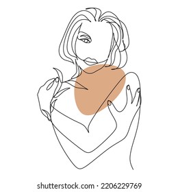 Abstract Woman Body Printable, Woman hugging herself with crossed hands, Woman One Line vector Drawing.Portrait minimalistic style. Botanical print. Nature symbol of cosmetics.