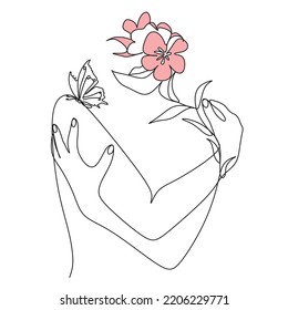 Abstract Woman Body Printable, Woman hugging herself with crossed hands, Woman One Line vector Drawing.Portrait minimalistic style. Botanical print. Nature symbol of cosmetics.