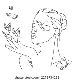 Abstract woman with butterfly by one line drawing.