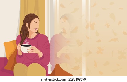 Abstract Woman With A Cup Of Coffee Looks Out The Window, It Is Snowing, Home Comfort. Winter Vector Illustration