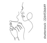 Abstract woman with a cup of fragrant coffee. One line vector drawing. 