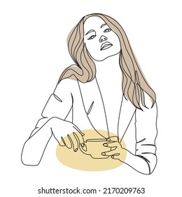 Abstract woman with a cup of fragrant coffee. One line vector drawing. Portrait minimalistic style. Nature cosmetics symbol. Modern continuous line art. Fashion print.