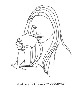Abstract woman with a cup of fragrant coffee. One line vector drawing. Portrait minimalistic style. Nature cosmetics symbol. Modern continuous line art. Fashion print.