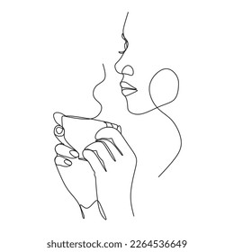 Abstract woman with a cup of fragrant coffee. One line vector drawing. 