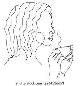 Abstract woman with a cup of fragrant coffee. One line vector drawing. 